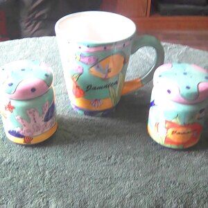 Coffee Mug and salt and pepper set, Jamaica, hand-painted, American Gift